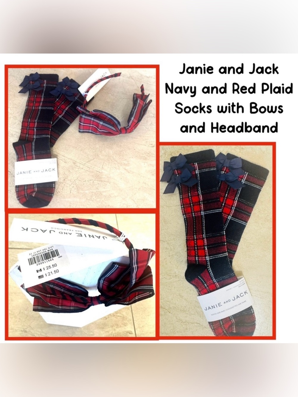 Janie and Jack Plaid Socks & Bow Headband